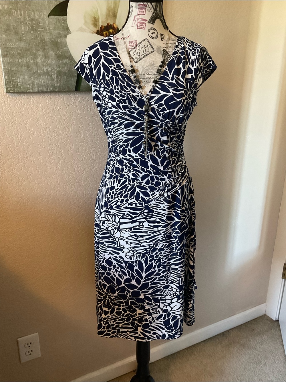 Kasper Navy and White Floral Faux-Wrap Sheath Dress Size 6